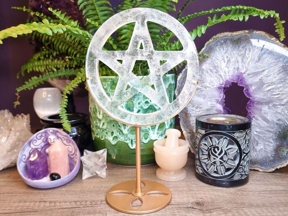 Clear Quartz Pentacle in Stand (1) – Spiritual Growth, Protection, & Magick - Large
