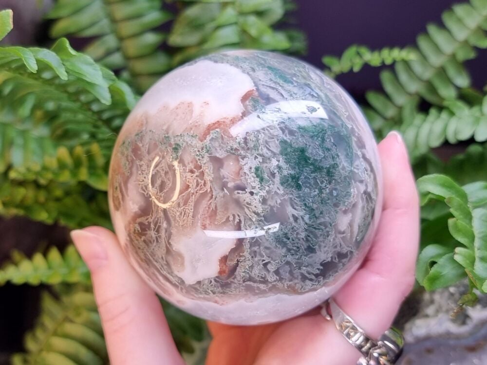 Green Moss Agate With Clear Quartz Flowers Sphere