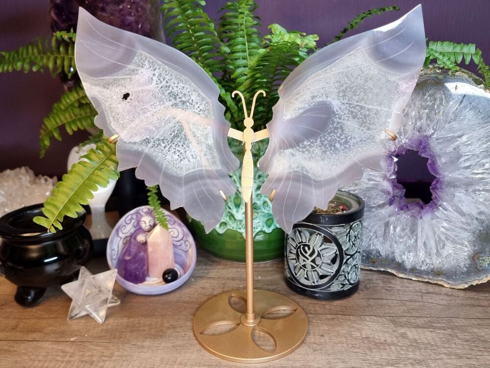 Agate, Amethyst, & Quartz Butterfly Wings With Stand (Large) – Transformation and New Beginnings