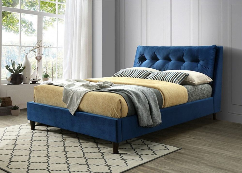 Katie Bed Blue Velvet Fabric King Size Dimensions H1155 x D2230 x W1630