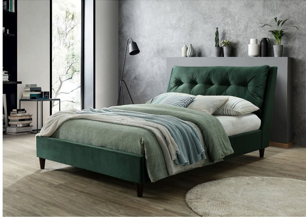 Katie Bed Green Velvet Fabric  King Size Dimensions H1155 x D2230 x W1630