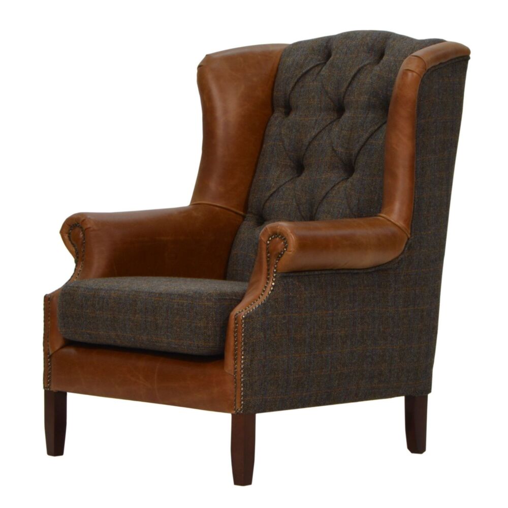 Wing Chair Button Harris Tweed Moreland with Cerato Brown