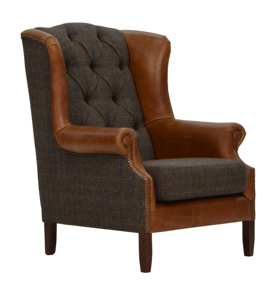 Wing Chair Button Harris Tweed Moreland with Cerato Brown