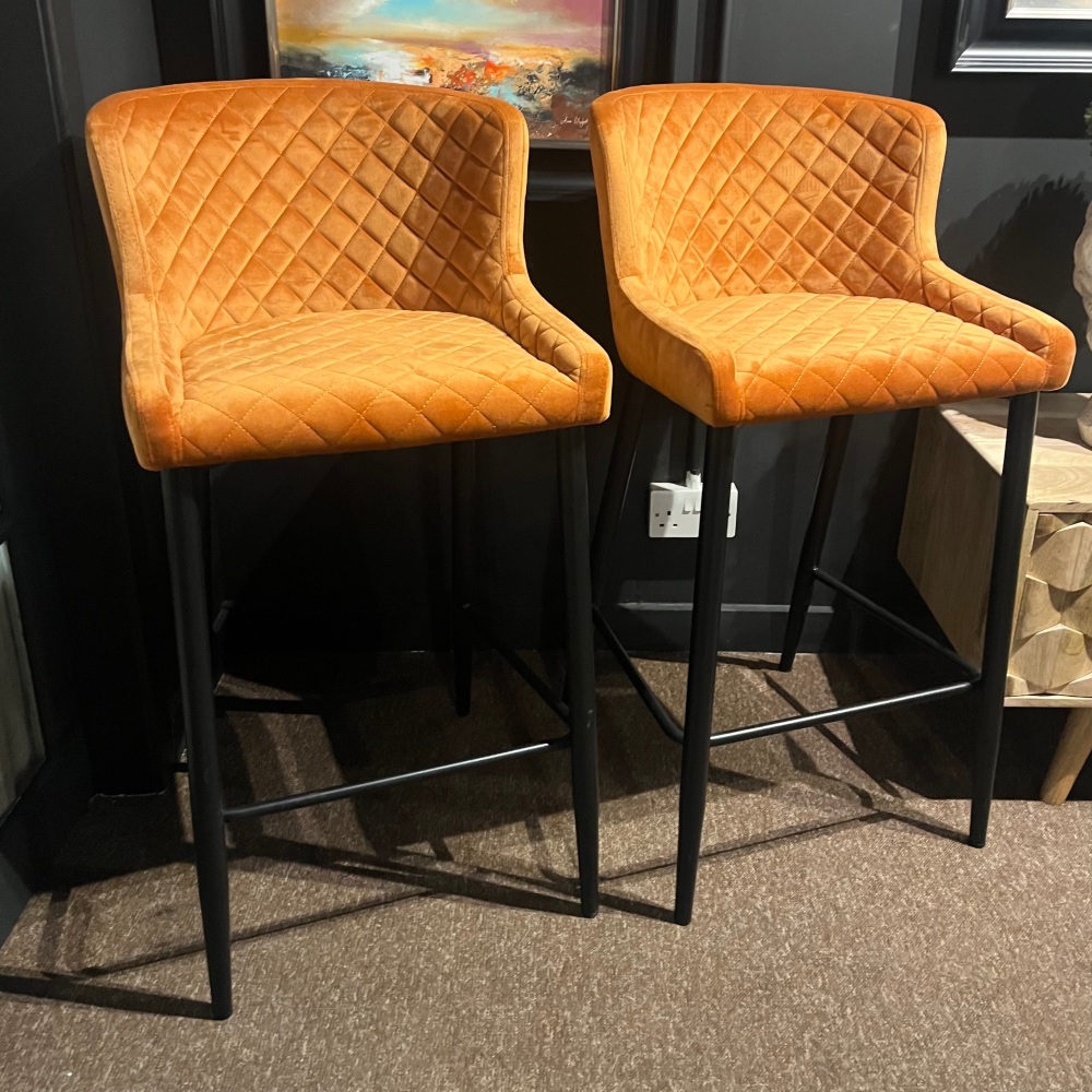 Pair Of Ollie Bar Stools In Orange Velvet
