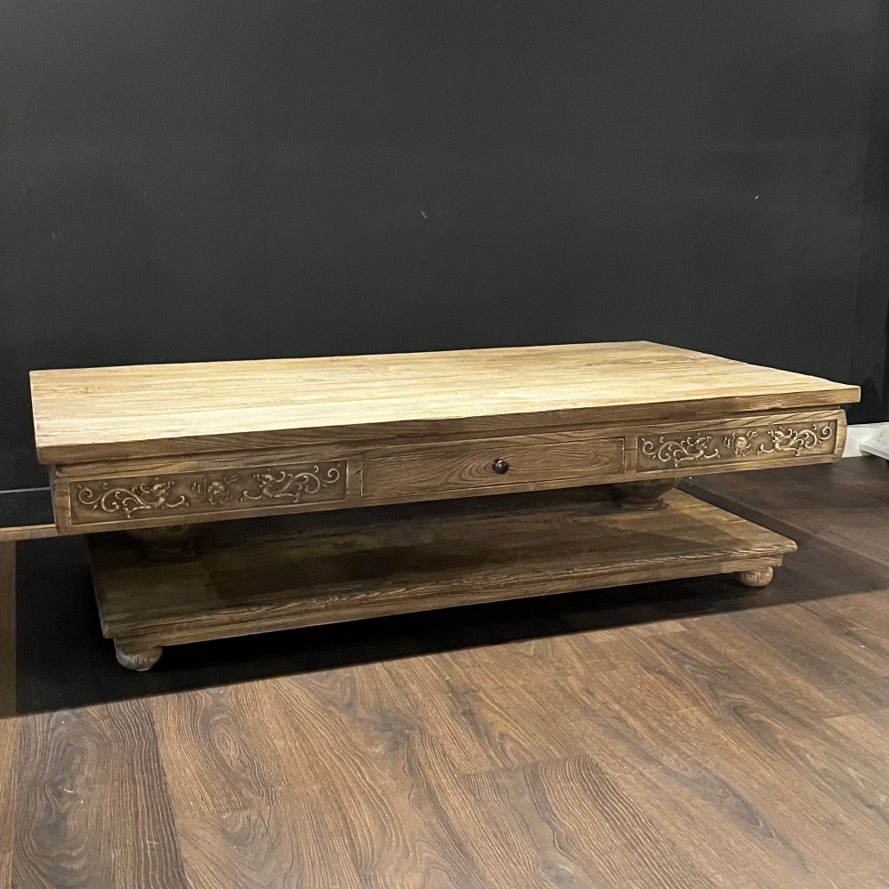 Reclaimed Elm Coffee Table with Dragon Carving