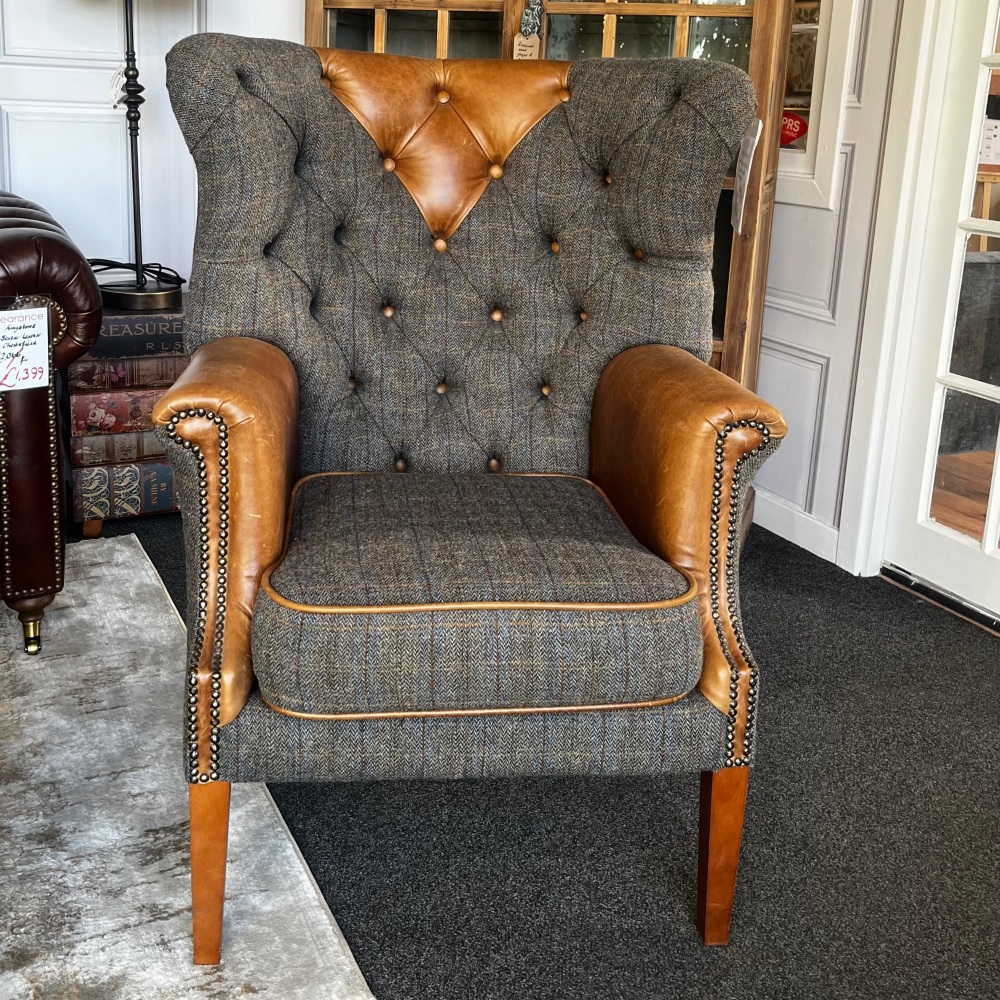 Clearance: Kensington Wing Wrap Harris Tweed & Leather Chair
