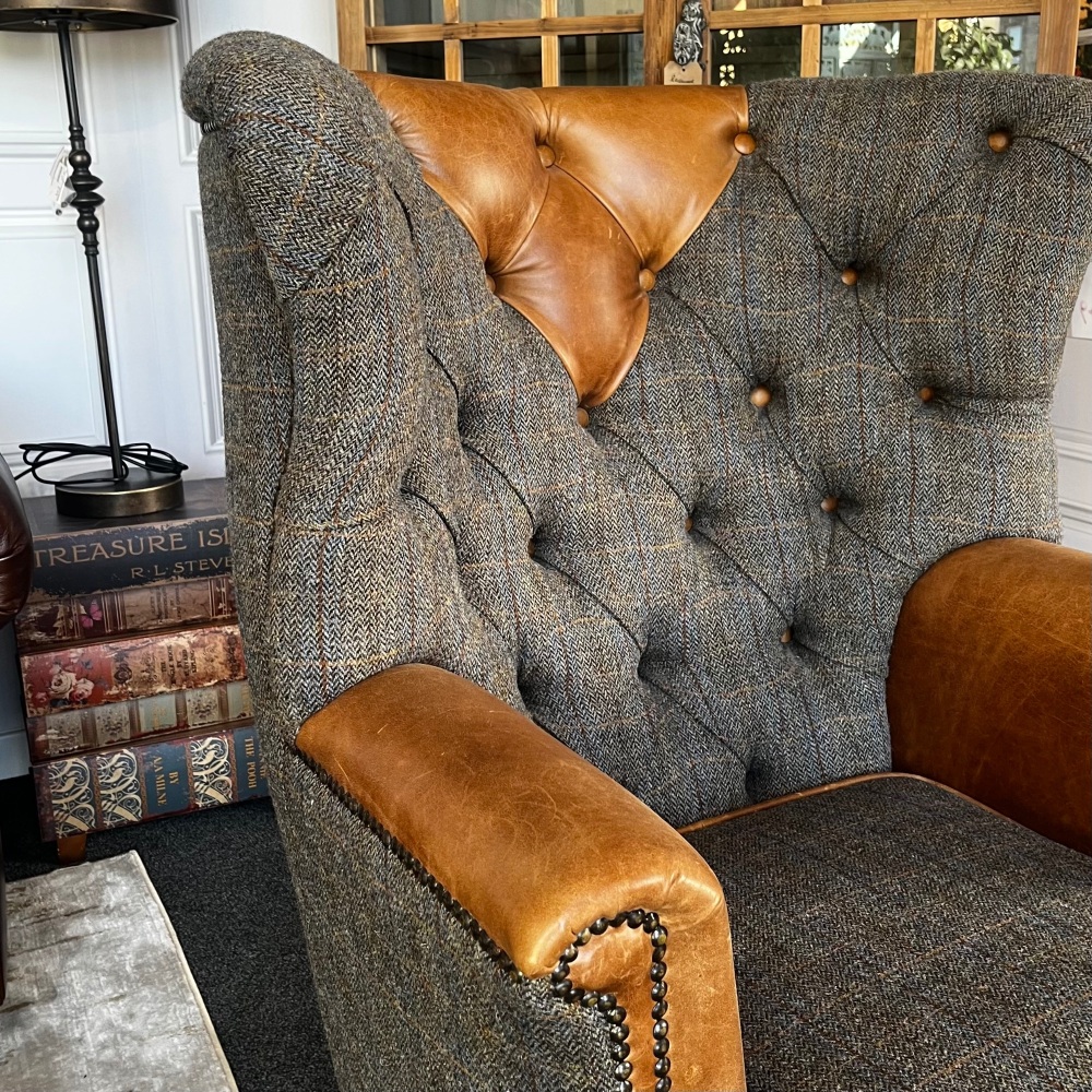 Clearance: Kensington Wing Wrap Harris Tweed & Leather Chair
