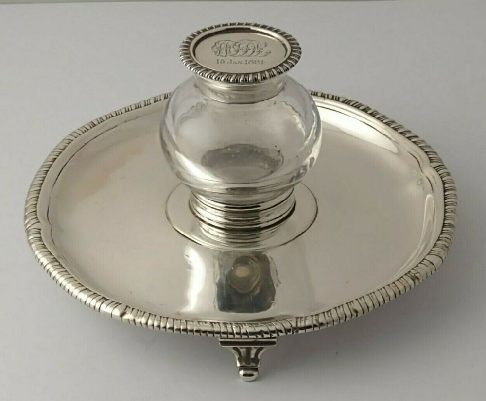 George III Silver Desk Stand With Victorian Inkwell -201g - London 1767 & 1895