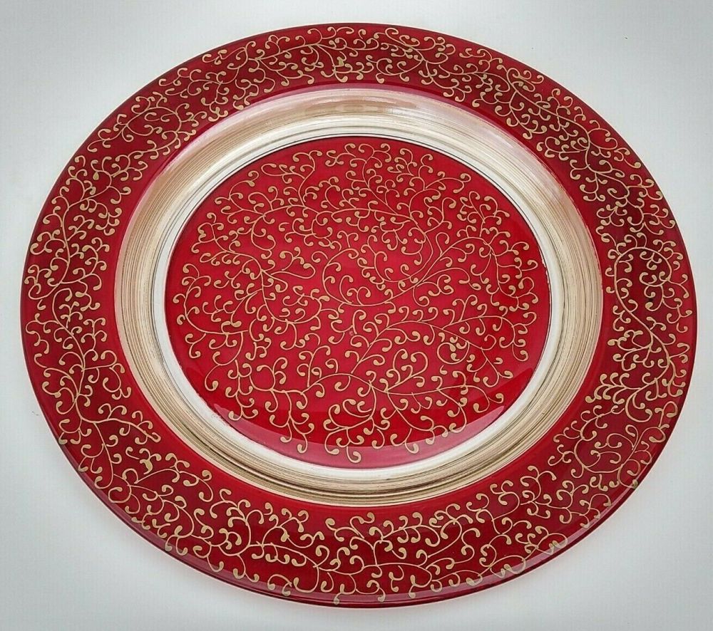 Murano Ruby Glass & Gilt Scroll Charger Or Dinner Plate - 33cms.