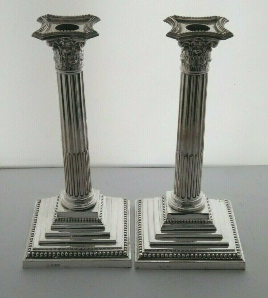 Pair Of Victorian Solid Silver Corinthian Column Candlesticks - Sheff. 1890