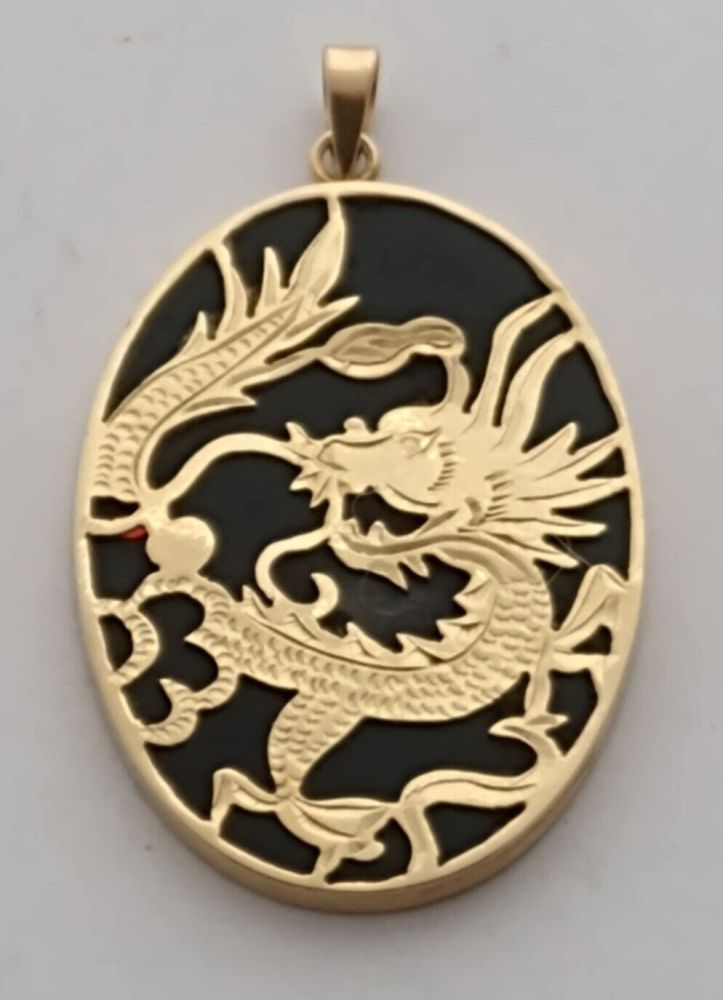14ct Gold & Onyx Chinese Dragon Pendant