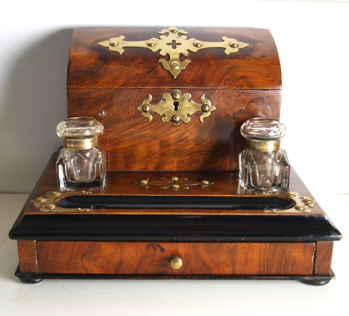 Victorian Brass Mounted Walnut Desk Stand And Stationary Box