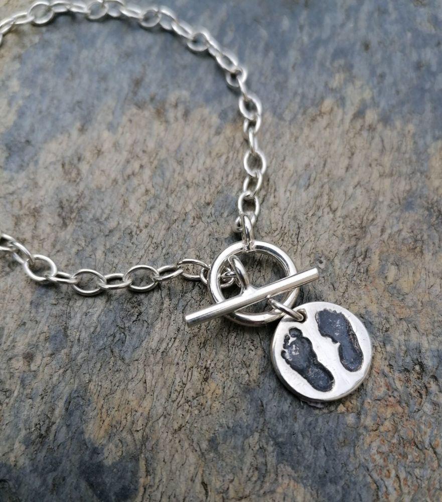Silver Lightweight Trace Chain Double Hand or Footprint Charm Bracelet From