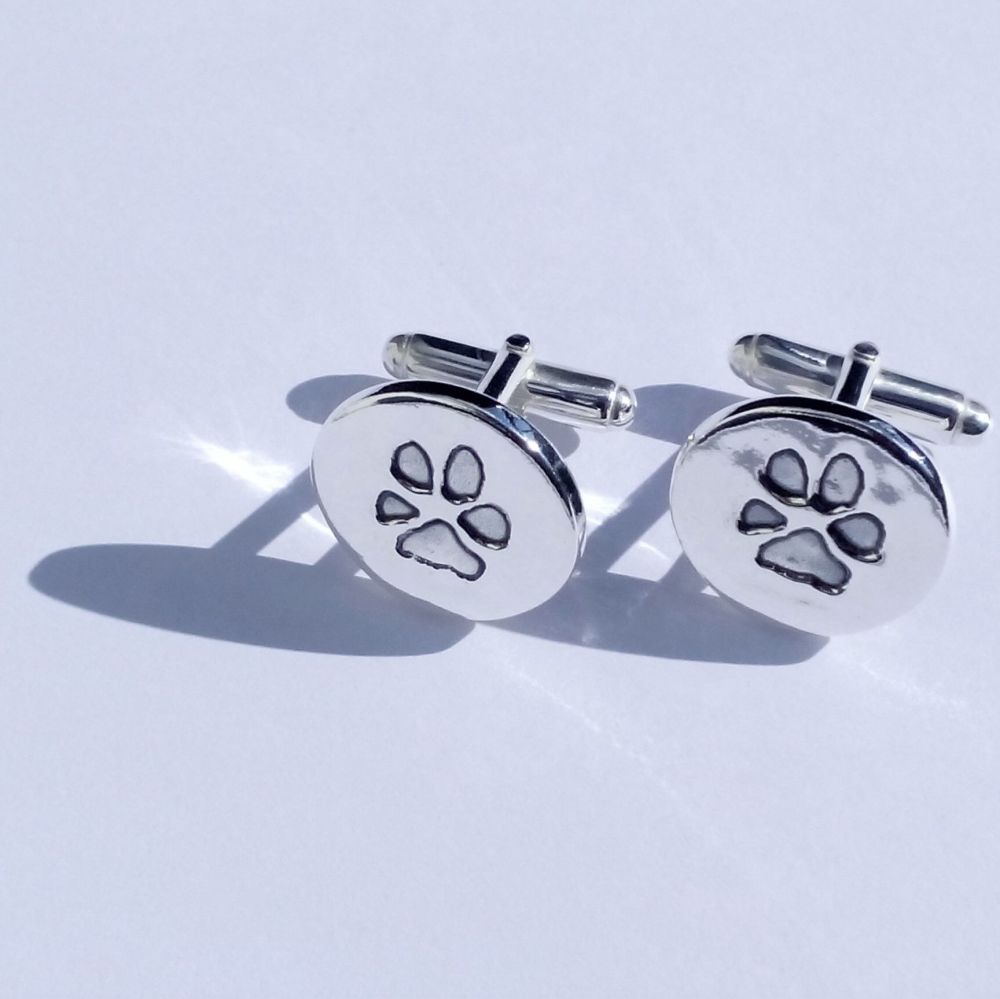 Personalised Silver Cufflinks with Single Paw Print Child's Handprint/Footprint & Name