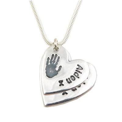 Personalised Silver Double Charm Pendant with Handrints or Footprints & Name Inscription
