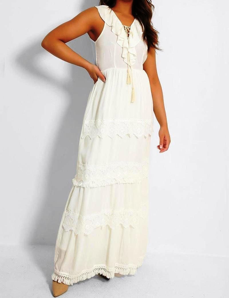 Flam Mode Cream Crochet Frill Neckline Maxi Dress