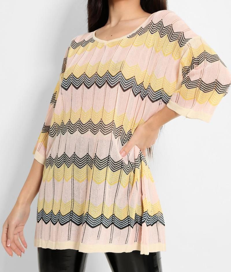 Pink, Yellow, Black Chevron Crochet Knit Top