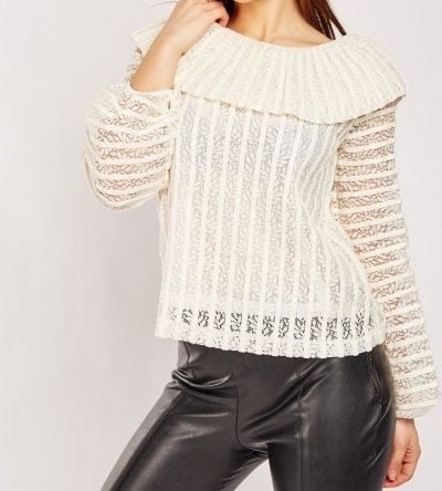 Cream Lace and Faux Leather Off the Shoulder Blouse
