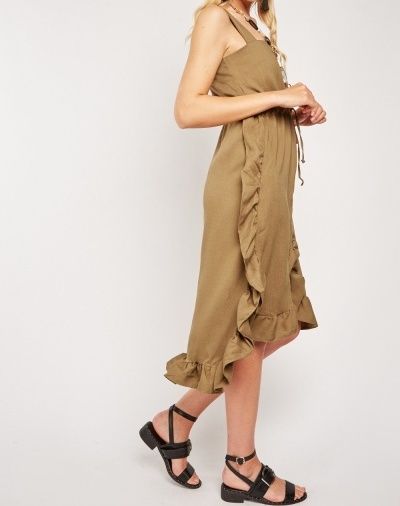Olive Ruffle Trim Pinafore Dress Size 12
