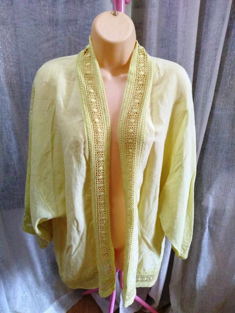 Light Lemon/Lime Crochet Trim Linen Kimono Summer Jacket
