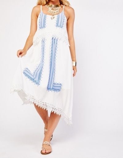 Blue and White Boho Crochet Trim Strappy Summer Dress