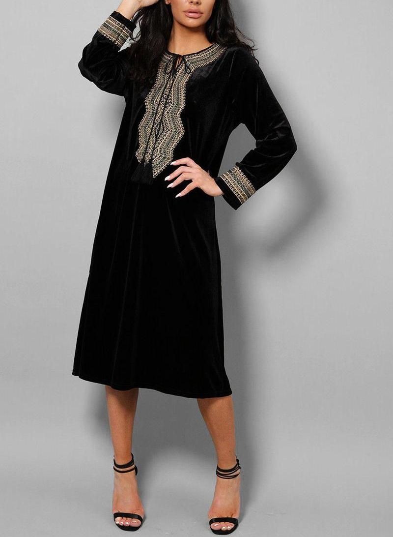 Black Embroidered Tassel Velvet Midi Dress - One Size