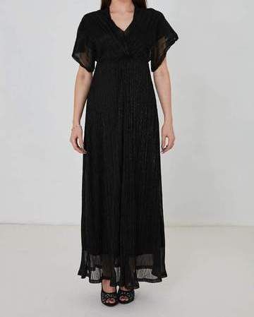 Black Shimmer Evening Maxi Dress with Chiffon Sleeves