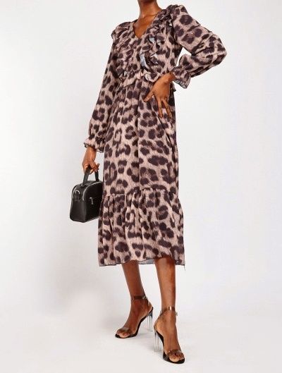 Long sleeved Leopard Animal Print Chiffon Tiered Midi Maxi Dress