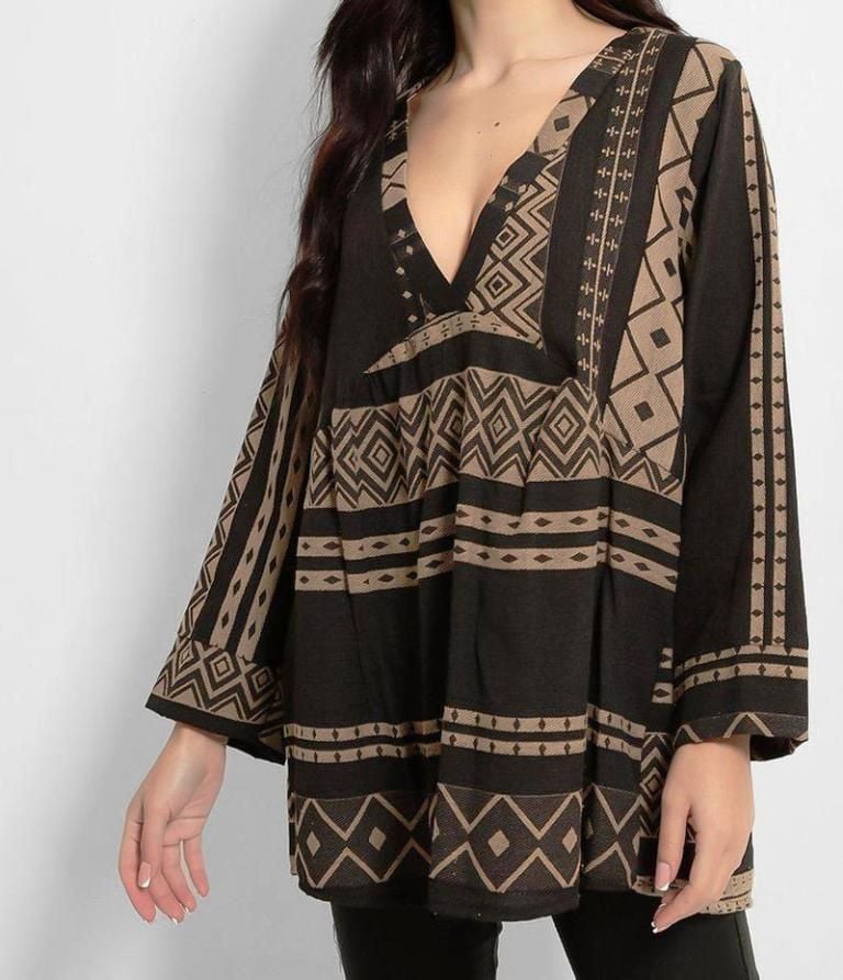 Beige Black Aztec Print V Neck Boho Tunic