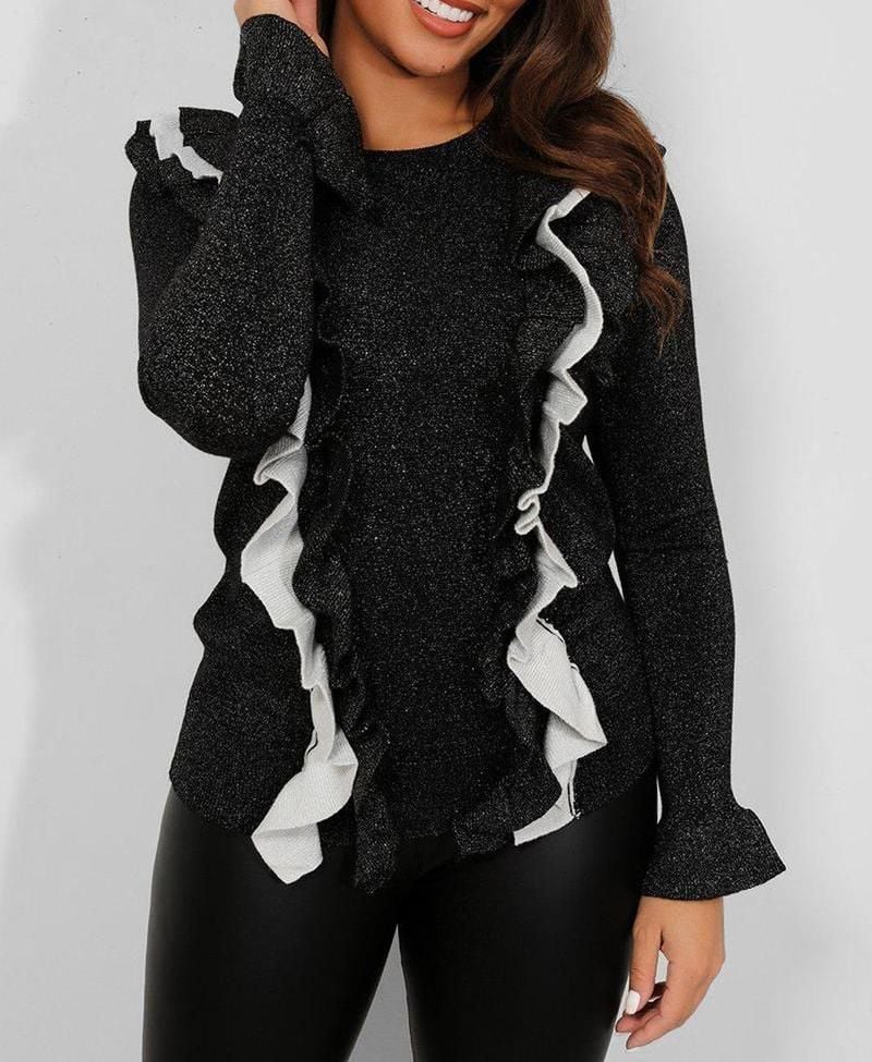 Black Shimmer Knit Frill Jumper