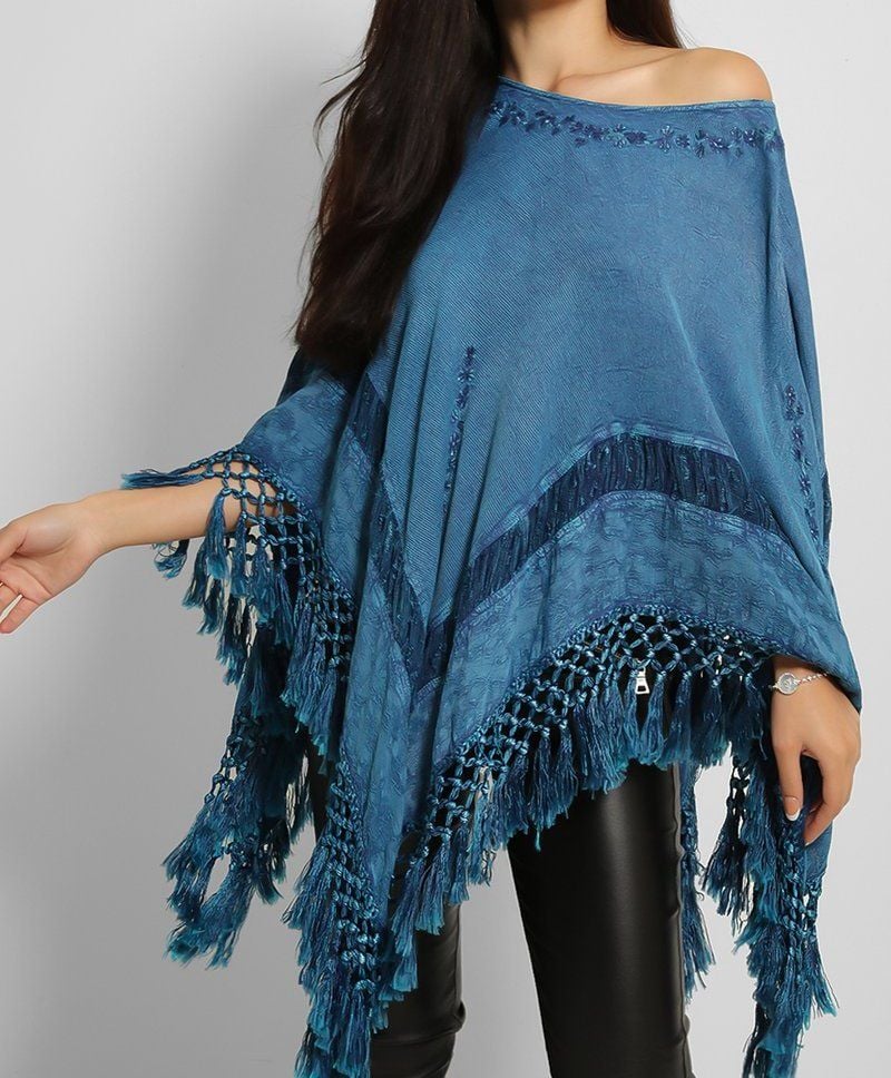 Embroidered Tassel Poncho