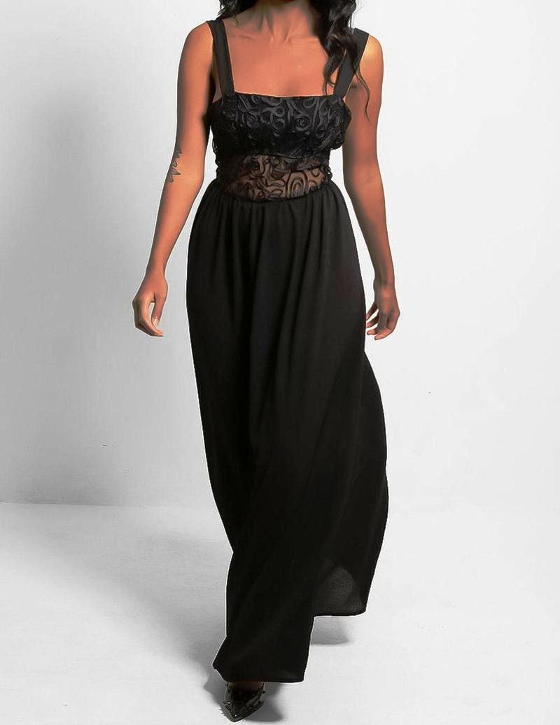 Black Embroidered Maxi Dress with Sheer Waistband