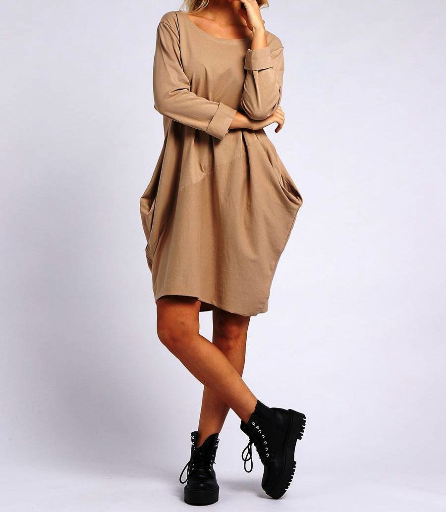 Italian Plain Cotton Lagenlook Long Sleeved Dress with pockets