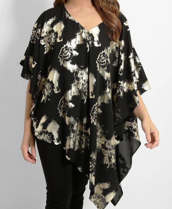 Elegant black and gold waterfall hem asymmetric evening top