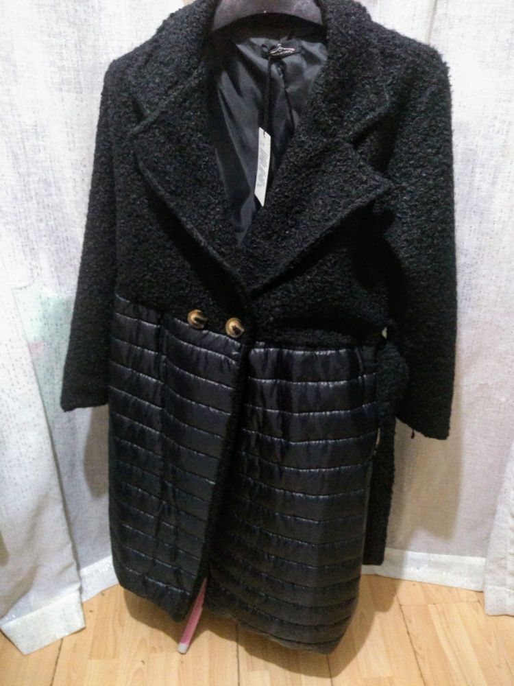 Unique Black Boucle Padded Belted Coat