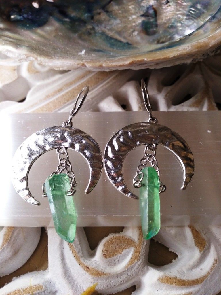 Crescent Moon Green Quartz Earrings
