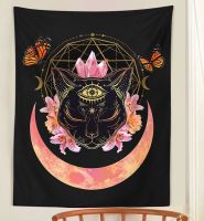 Black and Pink Cat, Moon and Crystals Wall Hanging or Altar Cloth