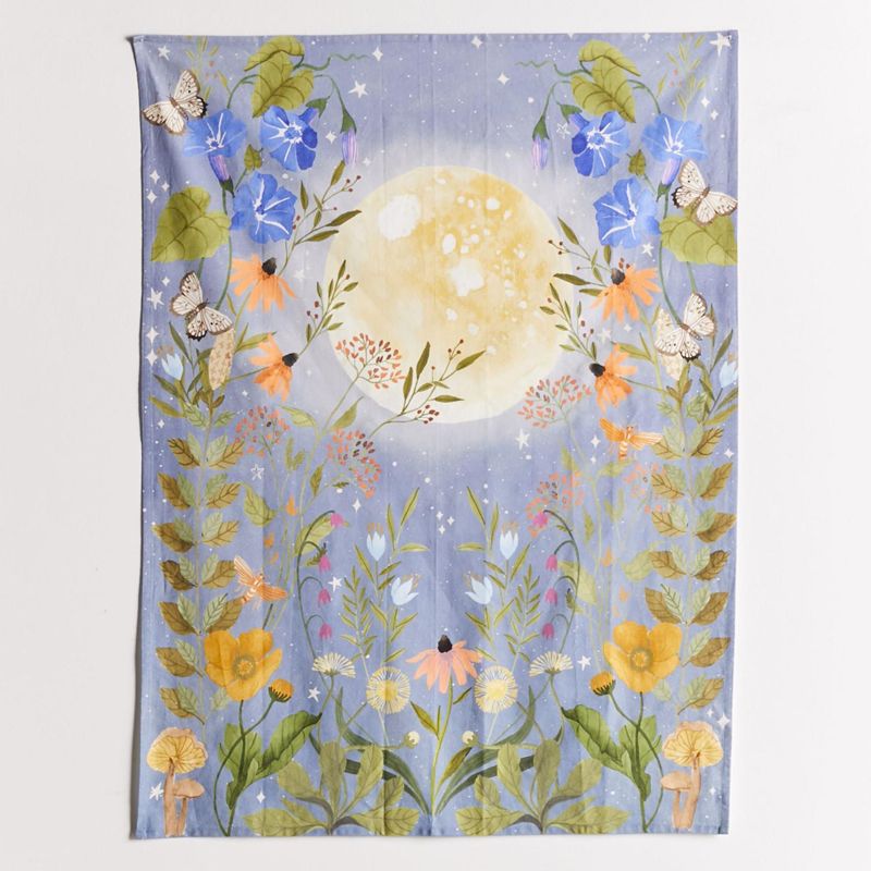 Blue floral Full Moon and Flowers Wall Hanging or Altar Cloth