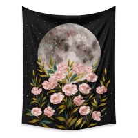 Black and Pink Floral Full Moon Wall Hanging or Altar Cloth