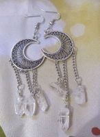 Filigree Crescent Moon and Quartz dangly drop earrings
