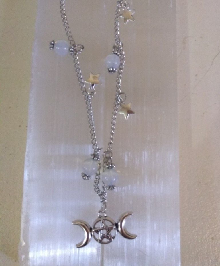 Triple Moon, Stars and Opalite Necklace 18''