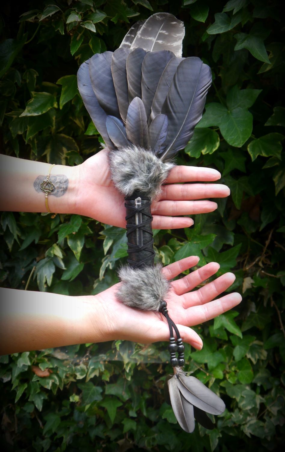 Native American style Smudging Fan with Crow and Bronze Turkey Feathers 