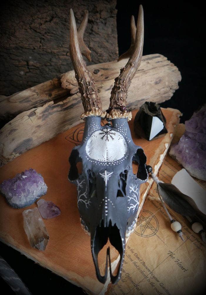 Hand Painted Deer Skull with Crow Feathers and Obsidian, Agate & Smokey Qua
