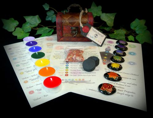 Chakra Stones Chest Set Candles and Information Leaflets Hand Painted Talis