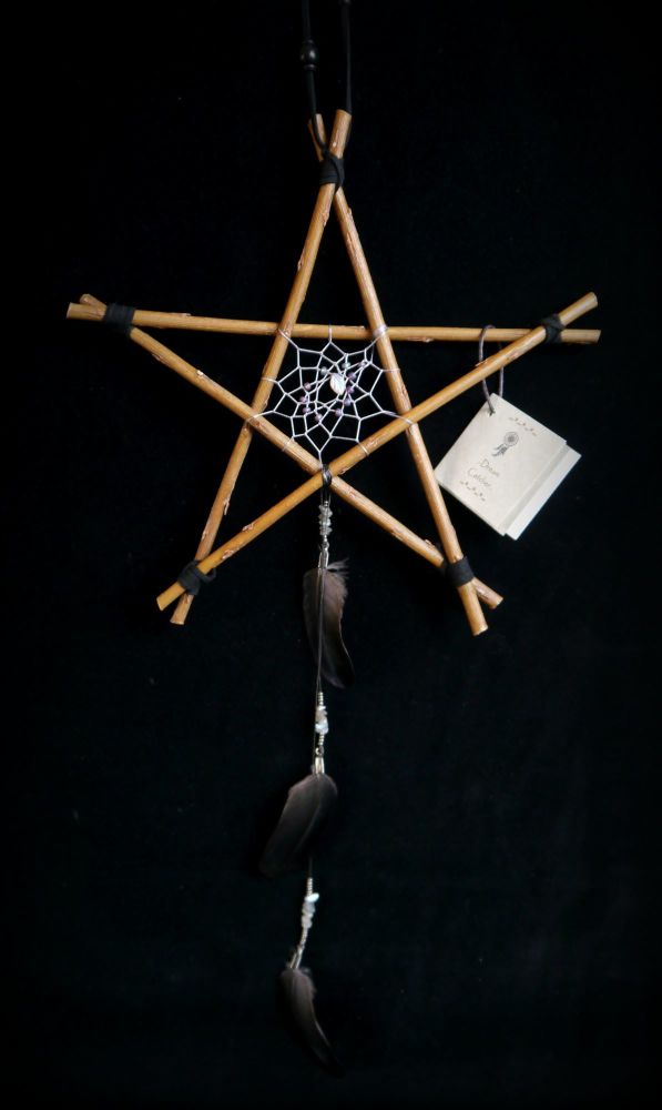 Witches Willow Wood Pentacle Hanging Charm with Dreamcatcher and Crow Feathers witchcraft, wicca, pagan