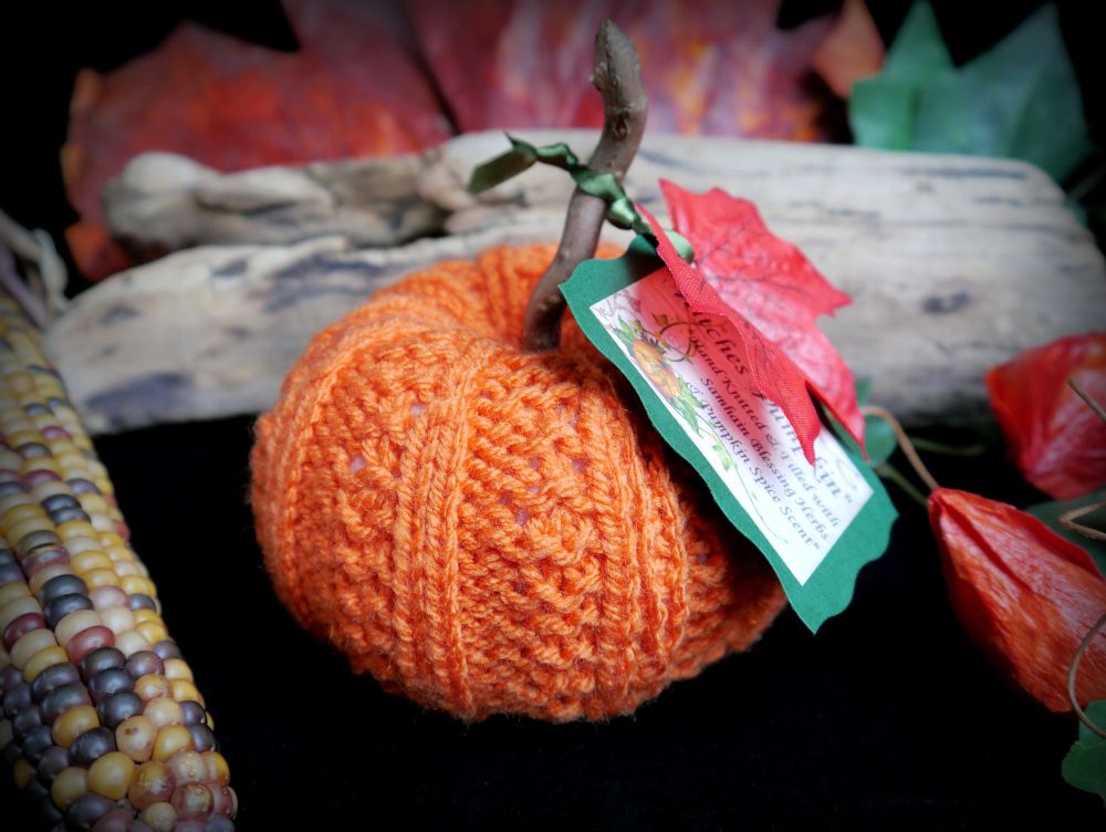Hand Knitted Orange Pumpkin with Samhain Blessing Herbs and Pumpkin Spice Scent Fall Decor Witch Halloween 