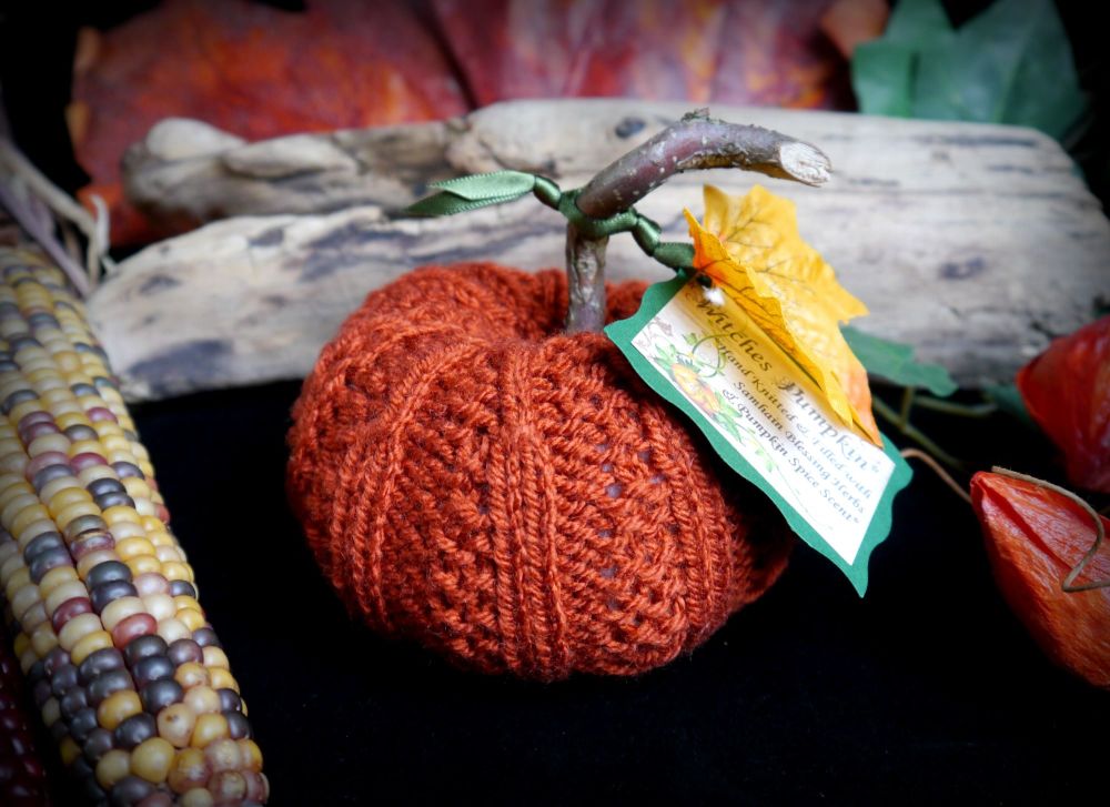 Hand Knitted Cinnamon Pumpkin with Samhain Blessing Herbs and Pumpkin Spice Scent Fall Decor Witch Halloween 