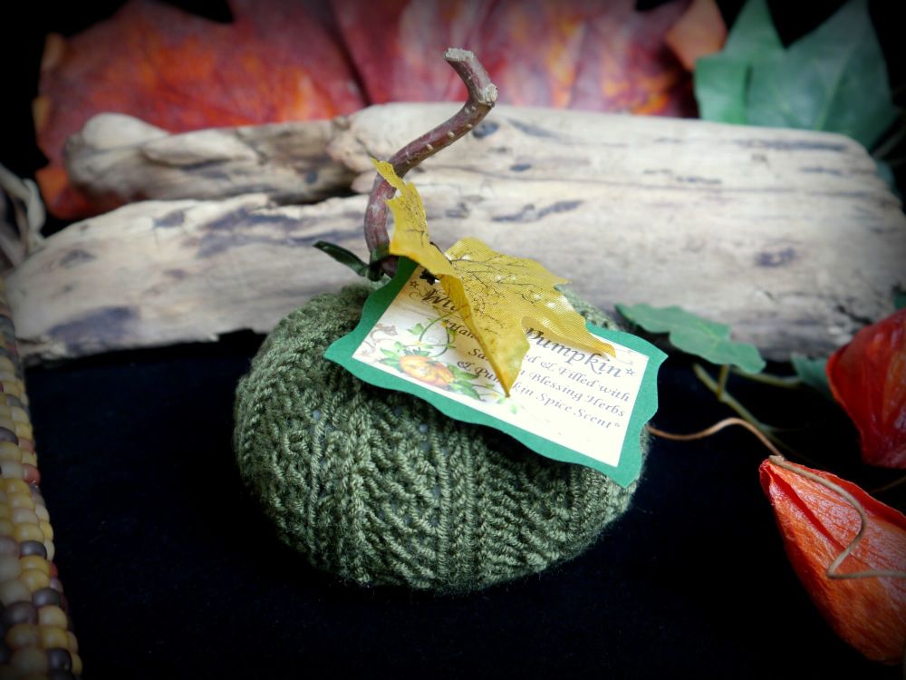 Hand Knitted Green Pumpkin with Samhain Blessing Herbs and Pumpkin Spice Sc