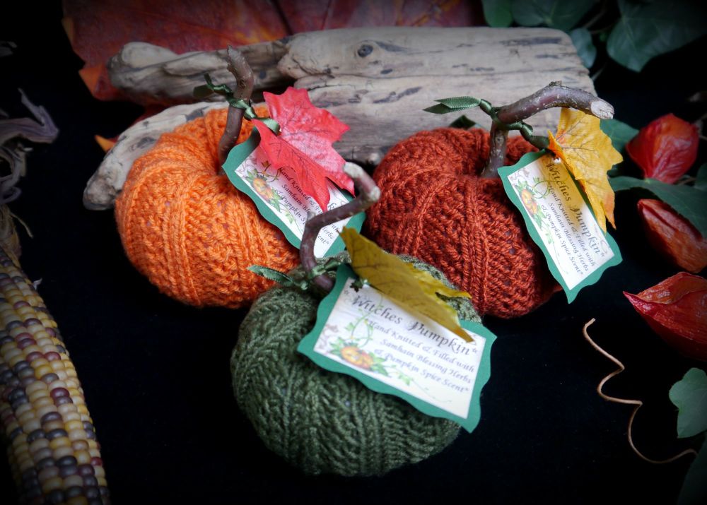 3 x Hand Knitted Pumpkins with Samhain Blessing Herbs and Pumpkin Spice Sce