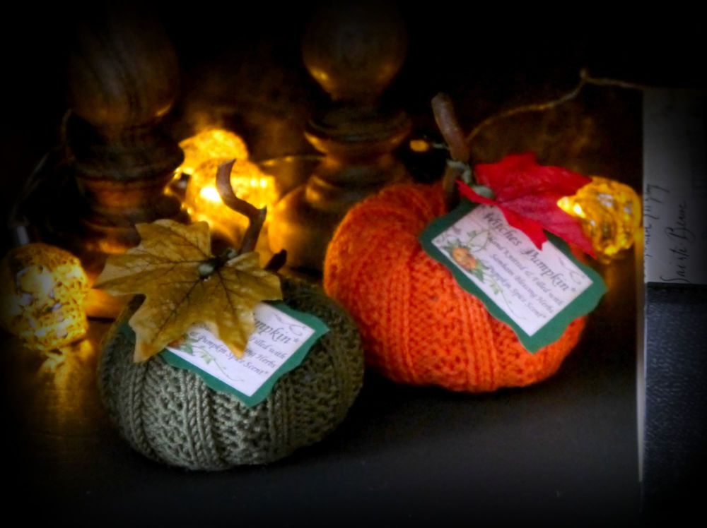 2 x Hand Knitted Pumpkins with Samhain Blessing Herbs and Pumpkin Spice Scent Fall Decor Witch Halloween 